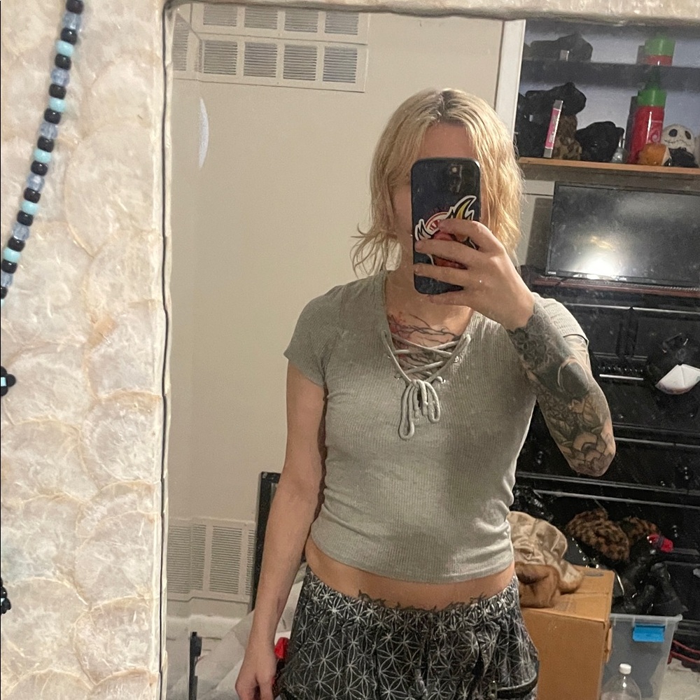 Full Tilt Gray Lace-Up Crop Top